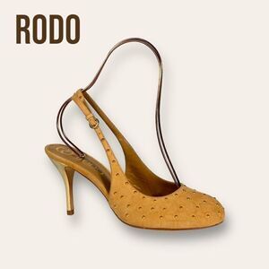 Rodo Size 7.5 Studded Suede Slingback Heels Tan EUR 37.5